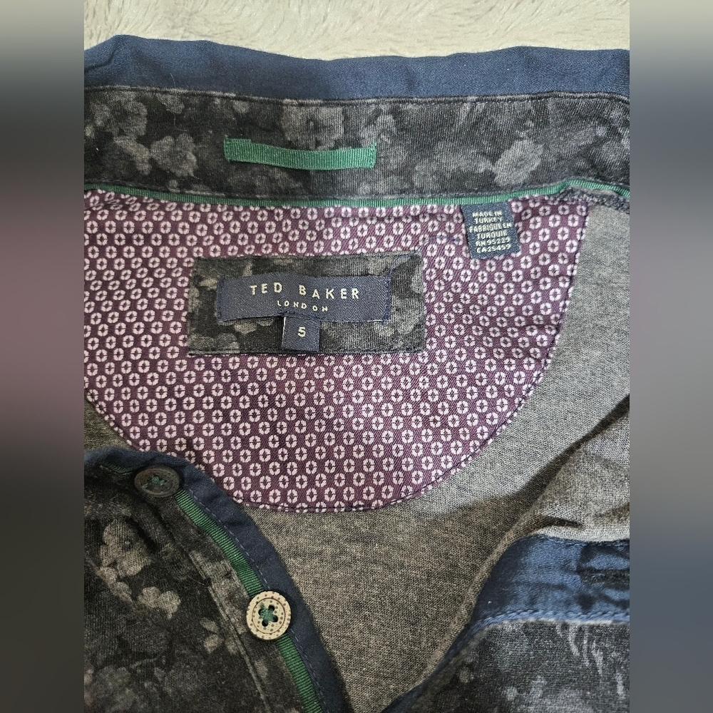 Ted Baker Mens Polo Shirt Black Gray Floral 5 Large - Picture 7 of 9